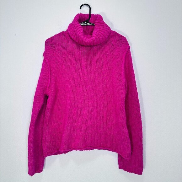 Vibrant Hot Pink Chunky Knit Turtleneck Sweater Winter Cozy Comfy Oversized S - Picture 1 of 8